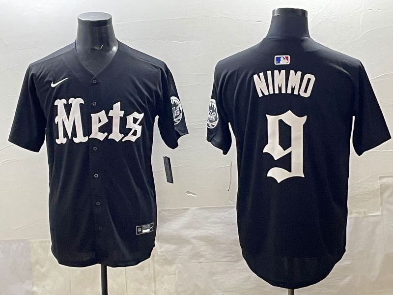 Men 2025 New York Mets 9 Nimmo Black Five generations Joint Name Nike MLB Jersey style 1
